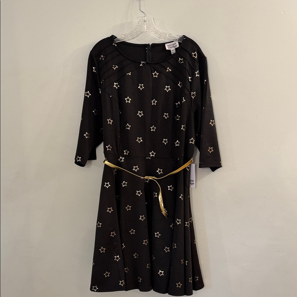 Unique Vintage Black Gold Star-Print Fit & Flare Dress with Gold Belt, 3x, NWT